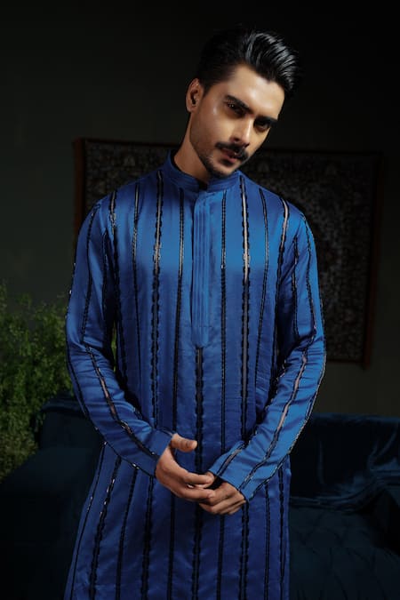 Buy_Runit Gupta_Blue Chanderi , Vegan Embroidery Midnight Stripe Kurta Set _Online_at_Aza_Fashions