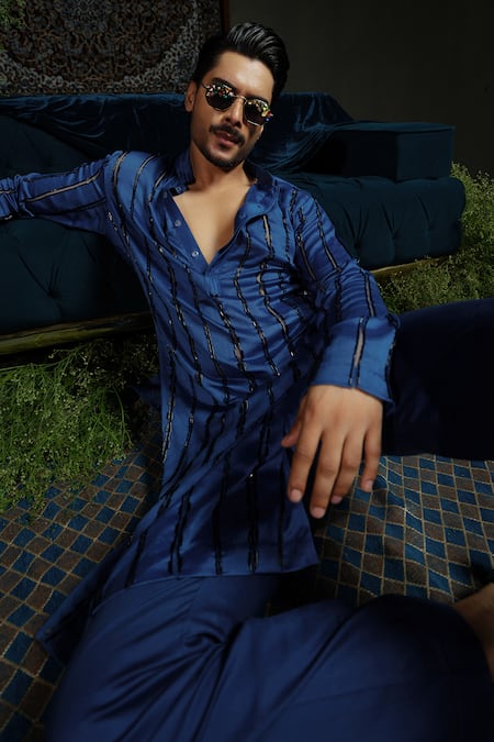 Buy_Runit Gupta_Blue Chanderi , Vegan Embroidery Midnight Stripe Kurta Set 