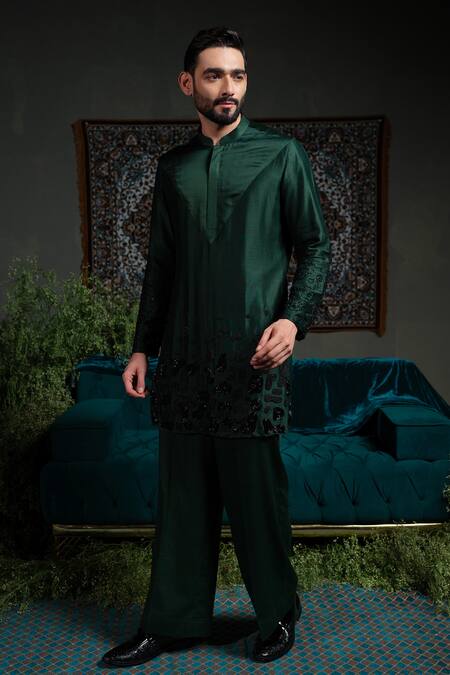Runit Gupta_Green Chanderi , Vegan Embroidery Deep Emerald Amoeba Kurta Set _Online_at_Aza_Fashions