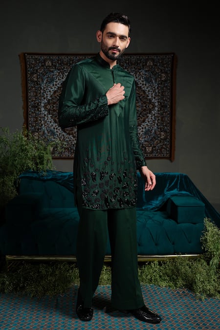 Buy_Runit Gupta_Green Chanderi , Vegan Embroidery Deep Emerald Amoeba Kurta Set _Online_at_Aza_Fashions
