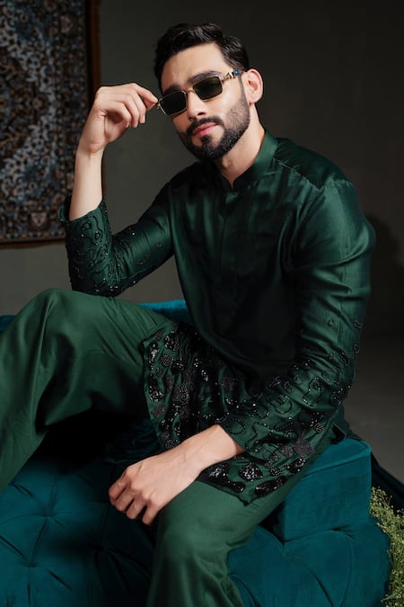 Shop_Runit Gupta_Green Chanderi , Vegan Embroidery Deep Emerald Amoeba Kurta Set _Online_at_Aza_Fashions