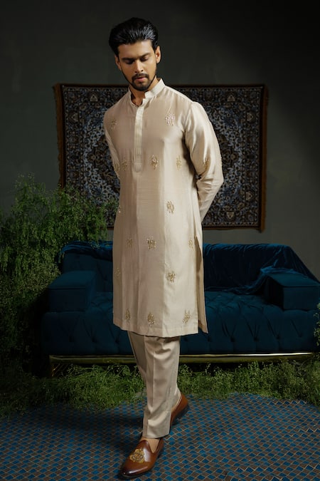 Runit Gupta_Beige Chanderi , Vegan Embroidery Glitter Metal Kurta Set _Online_at_Aza_Fashions