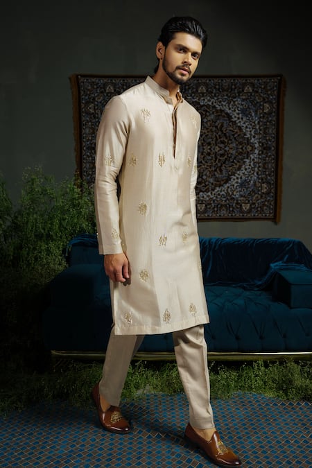 Buy_Runit Gupta_Beige Chanderi , Vegan Embroidery Glitter Metal Kurta Set _Online_at_Aza_Fashions