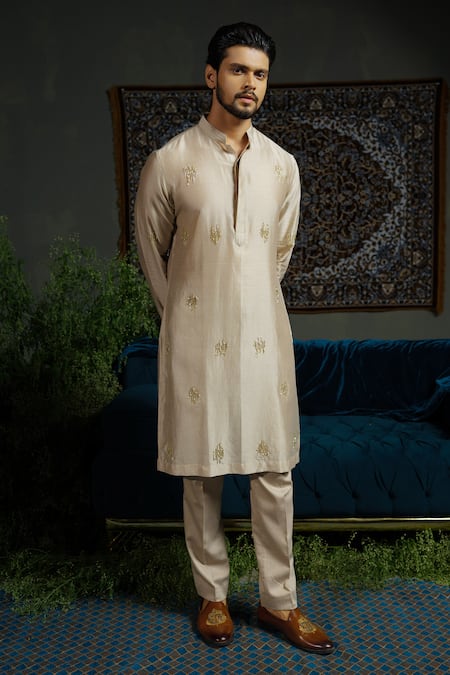 Shop_Runit Gupta_Beige Chanderi , Vegan Embroidery Glitter Metal Kurta Set _Online_at_Aza_Fashions