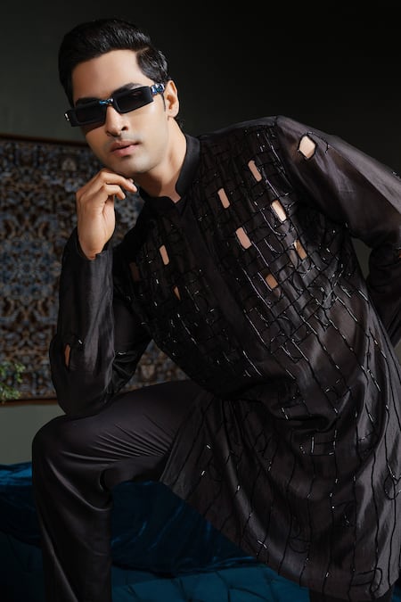 Runit Gupta_Black Chanderi , Vegan Cut Work, Beads Bold Kurta Set _Online_at_Aza_Fashions