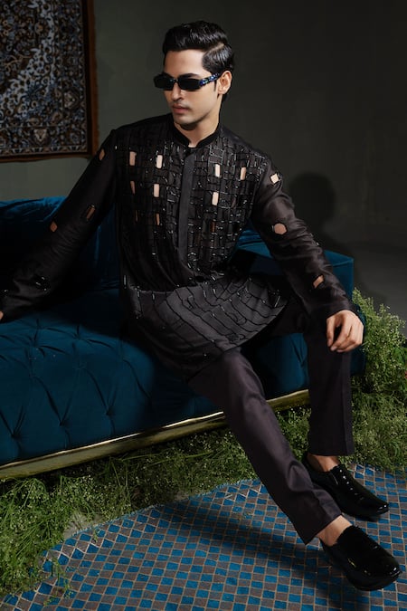 Buy_Runit Gupta_Black Chanderi , Vegan Cut Work, Beads Bold Kurta Set _Online_at_Aza_Fashions