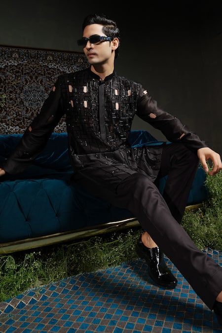Shop_Runit Gupta_Black Chanderi , Vegan Cut Work, Beads Bold Kurta Set _Online_at_Aza_Fashions