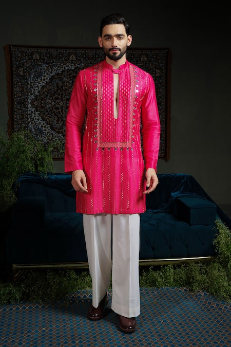 Runit Gupta_Pink Chanderi , Vegan Embroidery, Beads, Sequins Hand Kurta Set _Online_at_Aza_Fashions