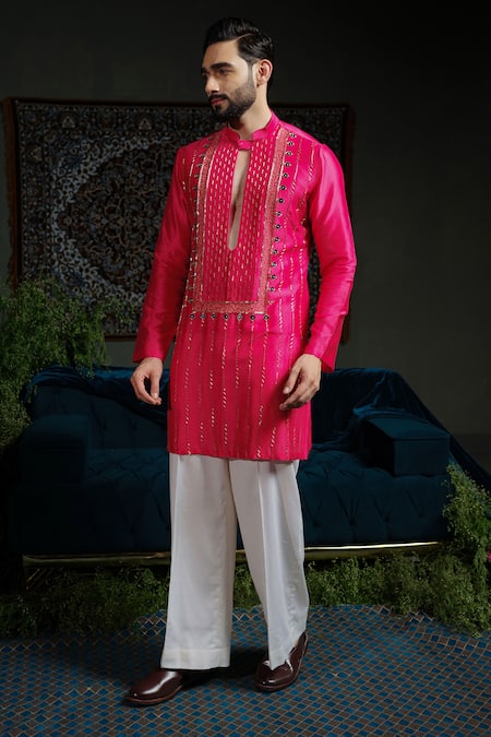 Buy_Runit Gupta_Pink Chanderi , Vegan Embroidery, Beads, Sequins Hand Kurta Set _Online_at_Aza_Fashions