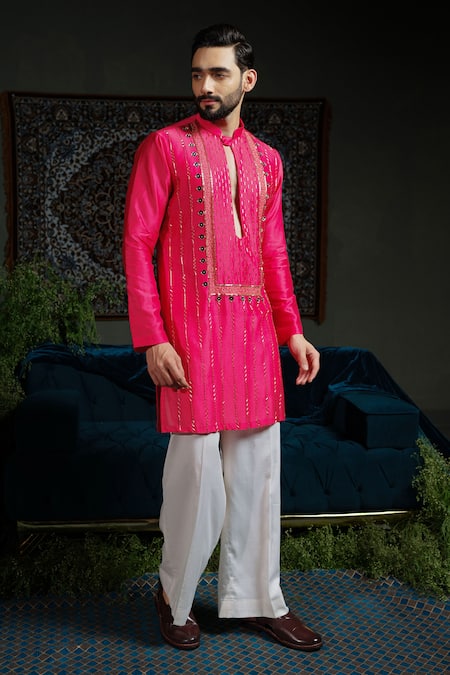 Shop_Runit Gupta_Pink Chanderi , Vegan Embroidery, Beads, Sequins Hand Kurta Set _Online_at_Aza_Fashions