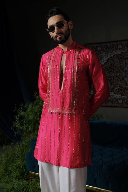 Runit Gupta_Pink Chanderi , Vegan Embroidery, Beads, Sequins Hand Kurta Set _at_Aza_Fashions