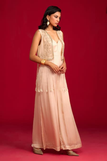 Buy_Megha Pitti_Gold Modal, Satin, Organza Sequins, And Pita Embroidered Jumpsuit With Jacket _Online_at_Aza_Fashions