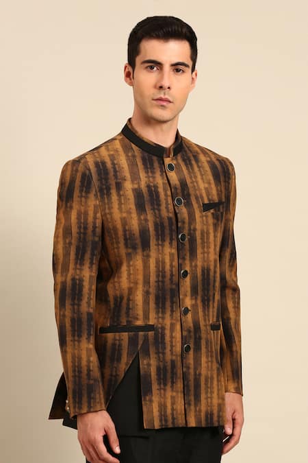 Buy_Mayank Modi - Men_Brown Muslin Abstract Pattern Bandhgala 