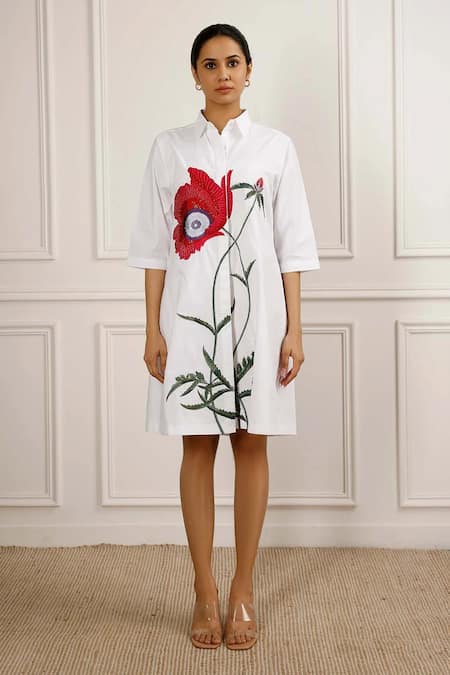 Betrue_White Cotton Embroidery Collared Red Poppy Shirt Dress _at_Aza_Fashions