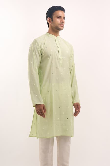 Buy_Arihant Rai Sinha_Green Cotton, Silk Mirrors Work Kurta _Online_at_Aza_Fashions