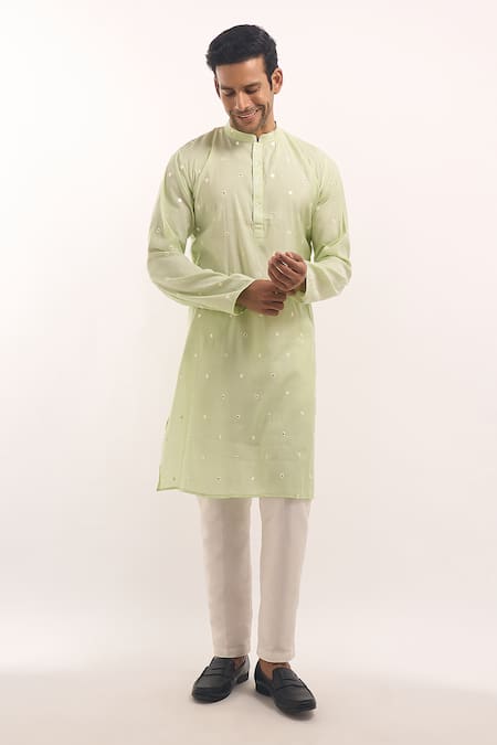 Shop_Arihant Rai Sinha_Green Cotton, Silk Mirrors Work Kurta _Online_at_Aza_Fashions