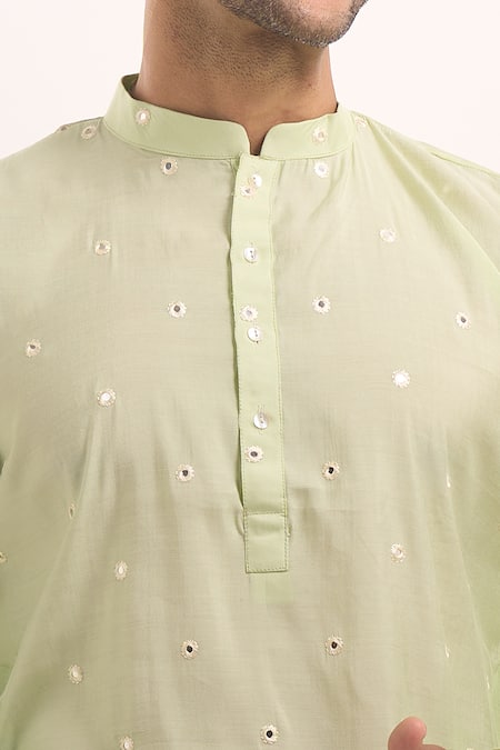 Arihant Rai Sinha_Green Cotton, Silk Mirrors Work Kurta _at_Aza_Fashions