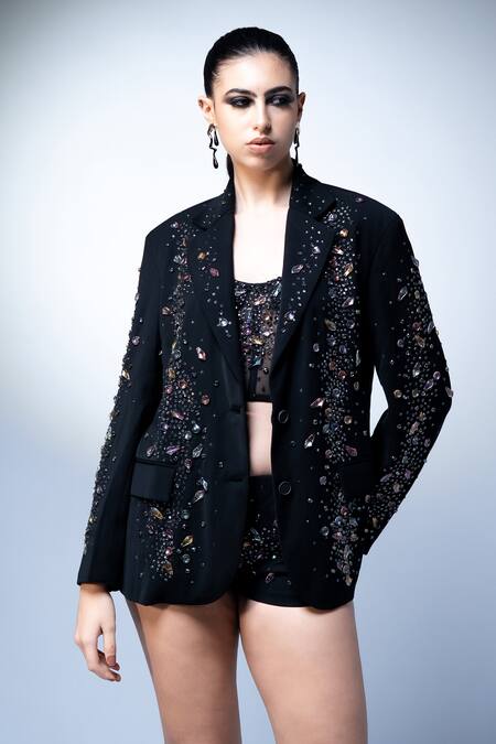 Nikita Mhaisalkar_Black Suiting Beads, Crystals, Meteor Embroidered Blazer And Shorts Set _Online_at_Aza_Fashions