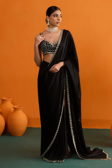 Bhawna Sethi_Black Satin, Crepe Mirrors, Chandni Mirrorwork And Cutwork Pre-draped Saree Set _Online_at_Aza_Fashions