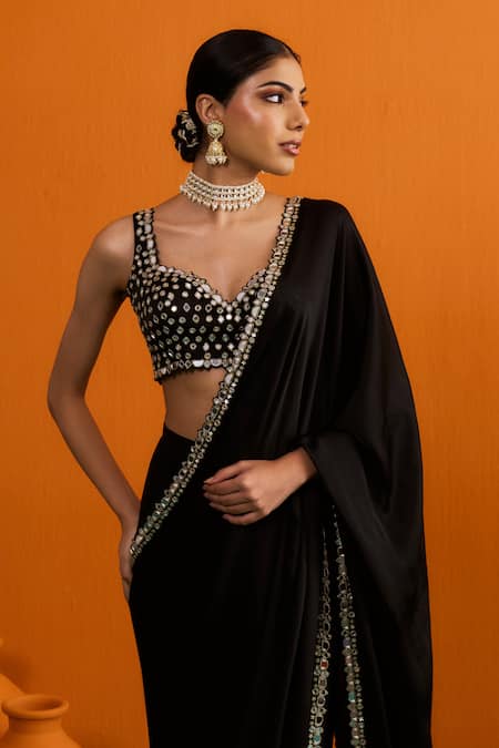 Buy_Bhawna Sethi_Black Satin, Crepe Mirrors, Chandni Mirrorwork And Cutwork Pre-draped Saree Set _Online_at_Aza_Fashions