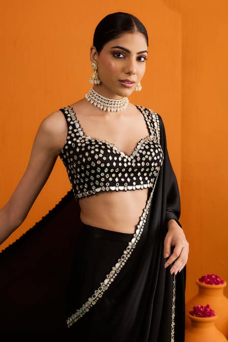 Shop_Bhawna Sethi_Black Satin, Crepe Mirrors, Chandni Mirrorwork And Cutwork Pre-draped Saree Set _Online_at_Aza_Fashions
