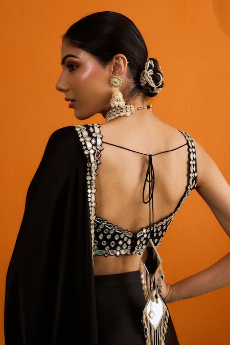 Buy_Bhawna Sethi_Black Satin, Crepe Mirrors, Chandni Mirrorwork And Cutwork Pre-draped Saree Set 