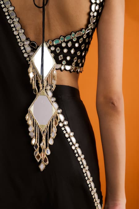 Shop_Bhawna Sethi_Black Satin, Crepe Mirrors, Chandni Mirrorwork And Cutwork Pre-draped Saree Set 