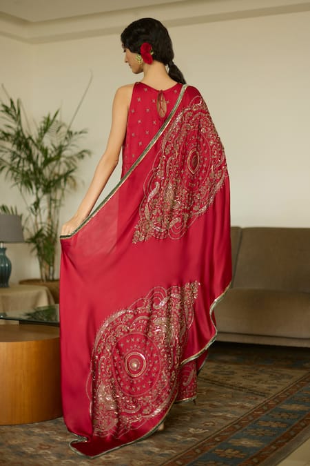 Shop Sarang Kaur Red Satin, Georgette Sequins, Beads Hand Embroidered Dupatta at Aza Fashions Shop_Sarang Kaur_Red Satin, Georgette Sequins, Beads Hand Embroidered Dupatta _at_Aza_Fashions