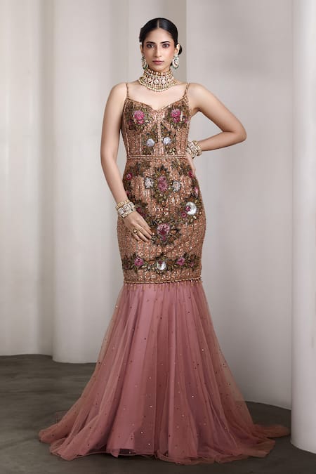 Rocky Star Pink Net Beads, Sequins Sweetheart Neck Embellished Mermaid Cut Gown