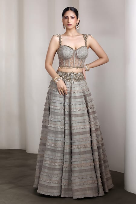 Rocky Star Gray Beads, Sequins Round Neck Embellished Lehenga Set