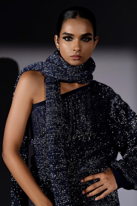 Shop_Nikita Mhaisalkar_Navy Knit, Cotton Metallic Thread, Zari One Shoulder Jumper And Skirt Set _Online_at_Aza_Fashions