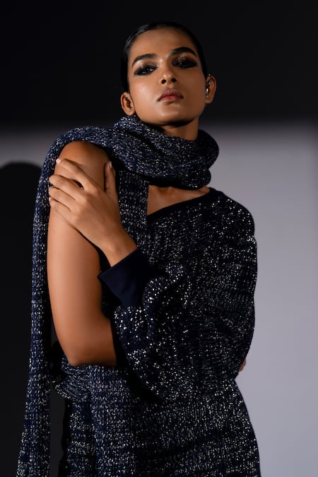 Nikita Mhaisalkar_Navy Knit, Cotton Metallic Thread, Zari One Shoulder Jumper And Skirt Set _at_Aza_Fashions