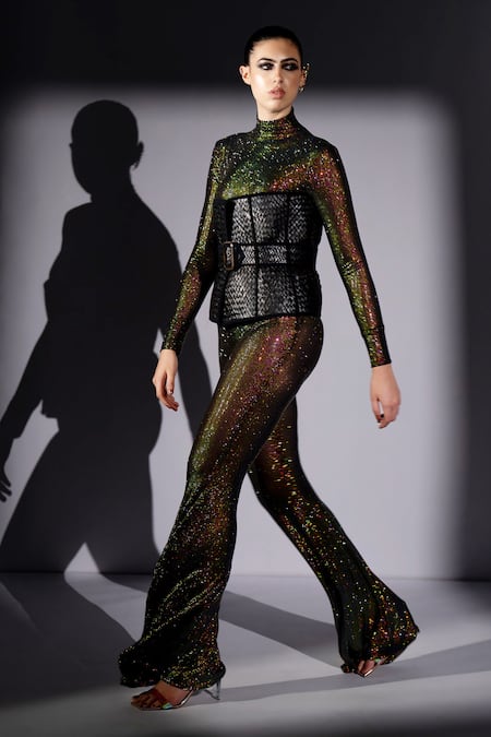 Buy_Nikita Mhaisalkar_Black Lycra, Tulle Stones, Crystals, Swarovski Embellished Bodysuit And Pant Set 