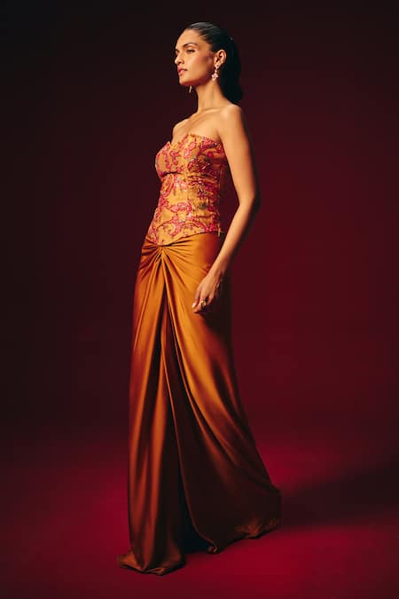 Shop_Roze_Mustard Chanderi, Crepe, Satin Embroidery, Beads Zeba Corset And Draped Skirt Set 