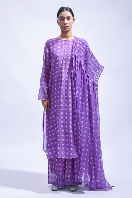 Shop_JAYATI GOENKA_Purple Chanderi Silk Smocking, Foil Printing, Violet Smocked Kurta Set _Online_at_Aza_Fashions