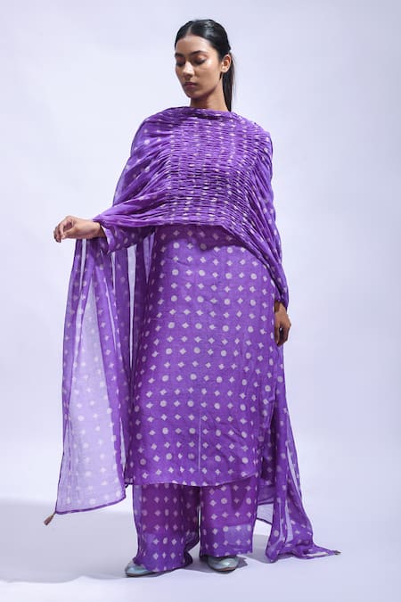 JAYATI GOENKA_Purple Chanderi Silk Smocking, Foil Printing, Violet Smocked Kurta Set _at_Aza_Fashions