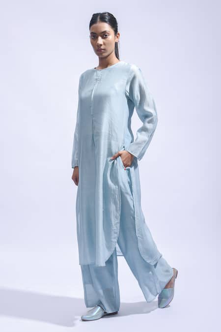 Buy_JAYATI GOENKA_Aqua Chanderi Silk Embroidery Round Neck Printed Kurta Set _Online_at_Aza_Fashions