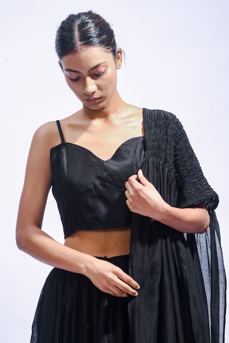 Shop_JAYATI GOENKA_Black Chanderi Silk Tassels, Embroidery, Zari Sweetheart Noir Rhythm Skirt Set _Online_at_Aza_Fashions