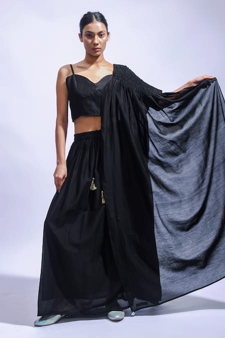 JAYATI GOENKA_Black Chanderi Silk Tassels, Embroidery, Zari Sweetheart Noir Rhythm Skirt Set _at_Aza_Fashions