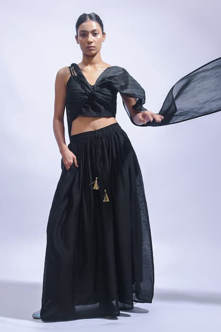 Shop_JAYATI GOENKA_Black Chanderi Silk Zari, Tassels V-neck Diy Night Skirt Set _Online_at_Aza_Fashions