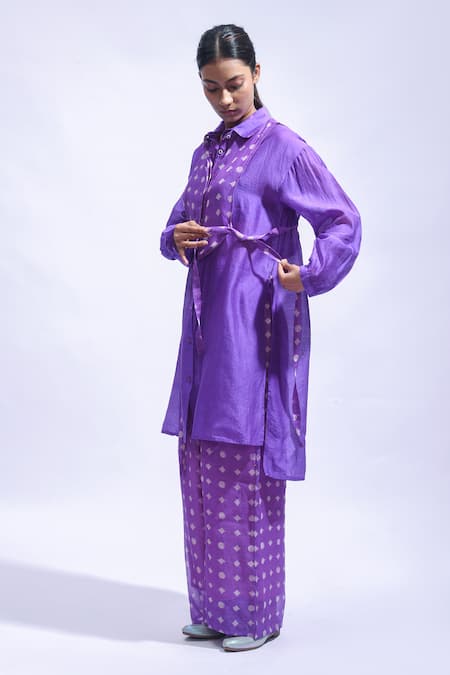JAYATI GOENKA_Purple Chanderi Silk Zari Collared, Violet Geometry Kurta And Pant Set _Online_at_Aza_Fashions