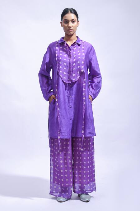 Buy_JAYATI GOENKA_Purple Chanderi Silk Zari Collared, Violet Geometry Kurta And Pant Set _Online_at_Aza_Fashions