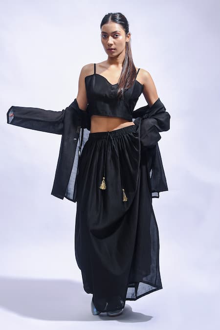 JAYATI GOENKA_Black Chanderi Silk Zari, Embroidery Sweetheart Neck Noir Flow Skirt Set _at_Aza_Fashions