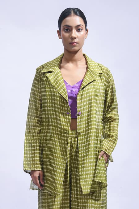 Buy_JAYATI GOENKA_Green Chanderi Silk Sweetheart Neck Citrus Ease Blazer Set 