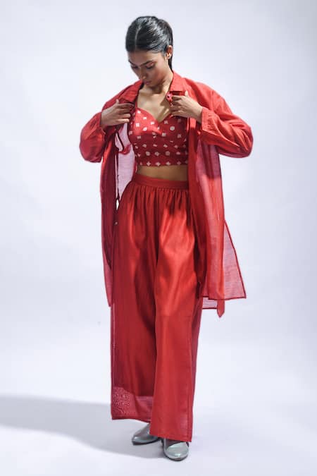 JAYATI GOENKA Red Chanderi Silk Zari, Embroidery Collared, Rouge Rhythm Shirt And Pant Set Online at Aza Fashions JAYATI GOENKA_Red Chanderi Silk Zari, Embroidery Collared, Rouge Rhythm Shirt And Pant Set _Online_at_Aza_Fashions