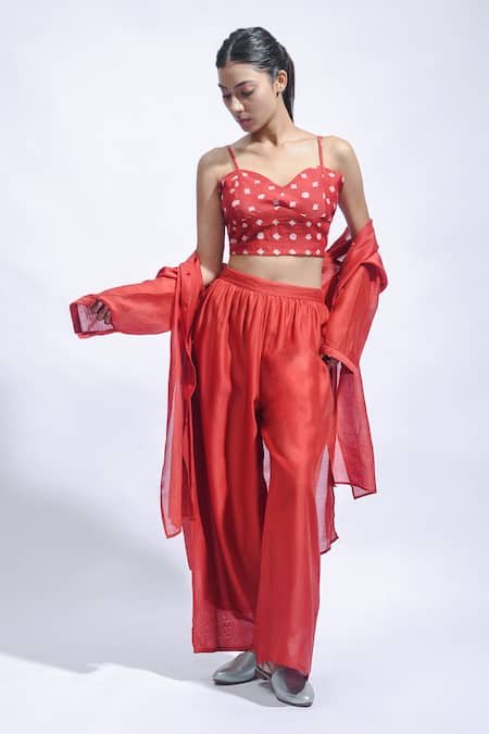 Buy JAYATI GOENKA Red Chanderi Silk Zari, Embroidery Collared, Rouge Rhythm Shirt And Pant Set Online at Aza Fashions Buy_JAYATI GOENKA_Red Chanderi Silk Zari, Embroidery Collared, Rouge Rhythm Shirt And Pant Set _Online_at_Aza_Fashions