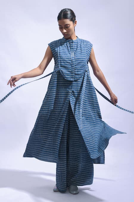 JAYATI GOENKA Indigo Chambray Block Print Kurta & Pant Set 