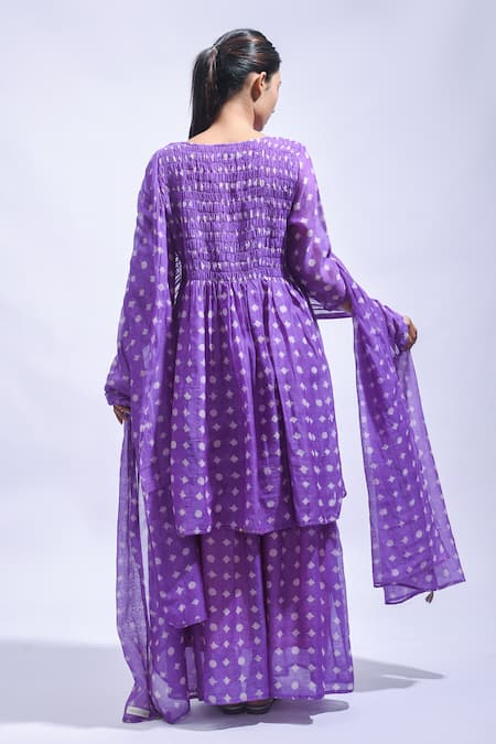 JAYATI GOENKA Violet Smocked Block Print Kurta Skirt Set 