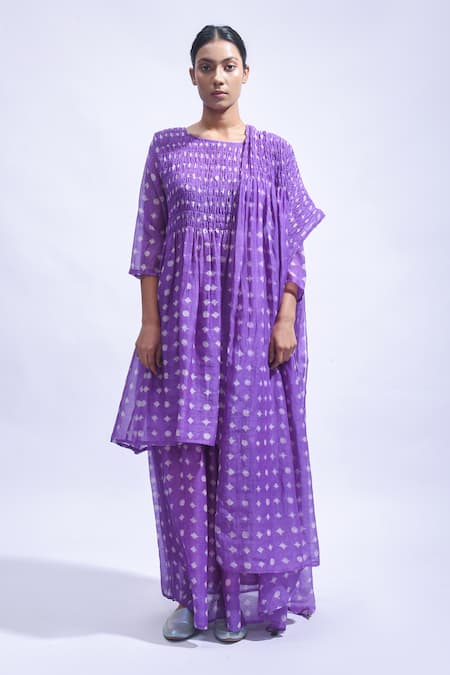 Buy_JAYATI GOENKA_Purple Chanderi , Embroidery, Violet Smocked Block Kurta Skirt Set _Online_at_Aza_Fashions