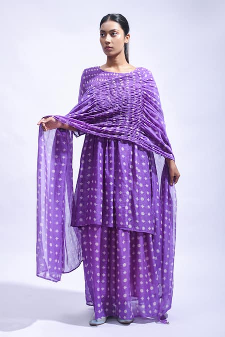Shop_JAYATI GOENKA_Purple Chanderi , Embroidery, Violet Smocked Block Kurta Skirt Set _Online_at_Aza_Fashions
